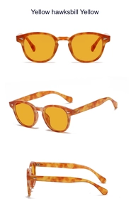 Vue multi-angles de lunettes de soleil rondes rétro avec monture ambre et verres jaunes