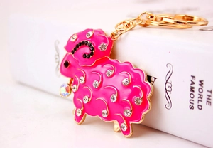 Cute pink rhinestone sheep keychain with gold lobster clasp for women bag accessory