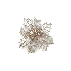 Detailed view of champagne gold glitter artificial flower for Christmas tree decoration