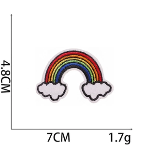 Detailed view of rainbow and cloud embroidery patch showing dimensions 4.8cm by 7cm