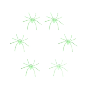 Set of six glowing green plastic spiders for Halloween decorations and prank props