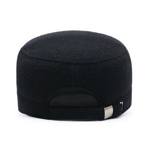 Men's winter flat top wool cap in black with adjustable back buckle and ear protection