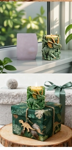 Macro detail of triceratops candle mold and green dinosaur candle in a gift setting