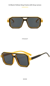 Front and side views of black and yellow contrast frame sunglasses with grey lenses