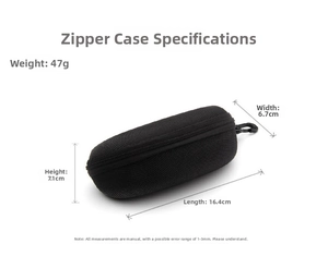 Hard EVA black zipper glasses case with portable hook and detailed size measurements