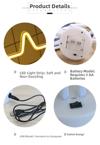 Close-up of LED neon lamp base showing USB port, battery slot, and power switch details