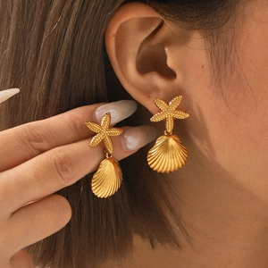 Starfish Shell Drop Earrings Stainless Steel Gold Plated Ocean Beach Style Fashion Jewelry Women