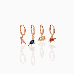 Set of four dinosaur hoop earrings in rose gold with colorful zircon stones