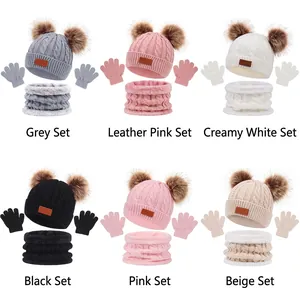 Ensemble d'hiver 3 pièces pour enfants avec bonnet à deux pompons, écharpe et gants en 6 coloris