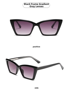 Detailed view of black rectangular sunglasses with gradient grey lenses from dual angles
