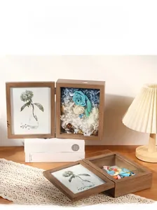 Walnut wood shadow box frame with hinged double-window for 3D flower specimen display