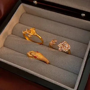 Vintage Adjustable Open Ring Women Copper Gold Plated Retro Snake Dragon Rose Flower Design With Zircon Elegant Jewelry