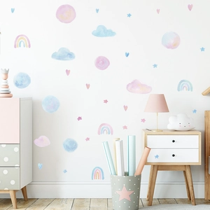 Watercolour rainbow and clouds wall stickers for kids bedroom decor with soft pastel stars