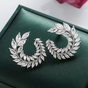 Laurel Leaf Hoop Earrings Copper Marquise Zircon Elegant White Gold Plated Jewelry For Women