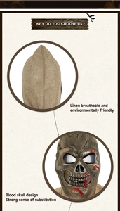 Detail showing breathable linen texture and bloody skull design of the Halloween mask