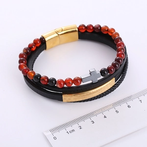 Bracciale multistrato da uomo in acciaio inox con perline occhio di tigre e croce