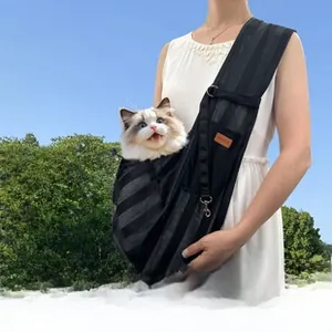 Detail of breathable black mesh pet carrier bag with adjustable strap for cats and small dogs