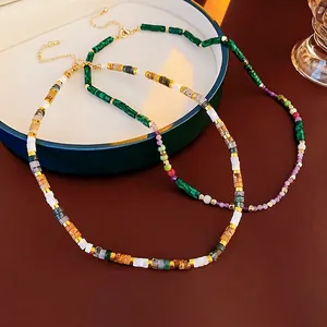 Retro Beaded Necklace Artificial Crystal Natural Stone Malachite Texture Chinese Style Adjustable Clavicle Chain Women