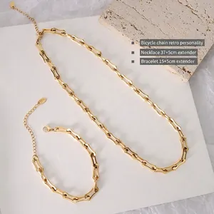 Ensemble bijoux collier et bracelet en acier inoxydable plaqué or 18K style gourmette