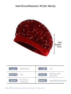 Size chart for shimmering burgundy sequined beret showing dimensions and flocking fabric info