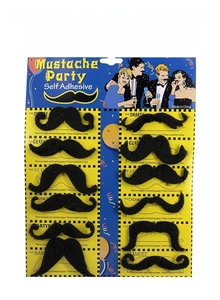 Set of 12 self-adhesive black fake mustaches in various styles on a card display