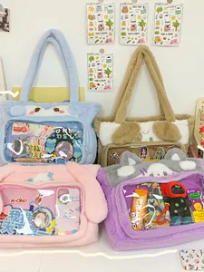 Cute plush cartoon animal tote bag with transparent PVC display window and animal ears