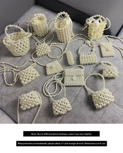 Detailed overhead view of handmade pearl woven bags in bucket and flap crossbody styles