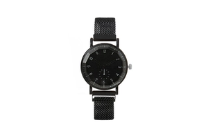 Close-up of black quartz watch featuring a mesh band and minimalist digital dial