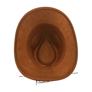 Top view of dark brown suede western hat showing adjustable interior drawstring and stitching