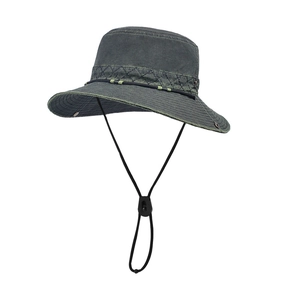 Chapeau de soleil vintage en toile gris foncé avec large bord et mentonnière réglable