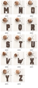 Detailed size chart for leopard print initial keychains with plush pompom pendants