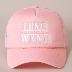 Detailed front view of pink trucker hat with white LONG WKND 3D embroidery and rope trim