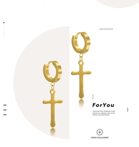 Detail of gold stainless steel cross hoop earrings for men and women on minimal background