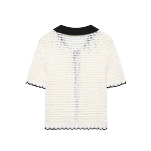 Short sleeve hollow knit polo top in cream white with black contrast wavy trim