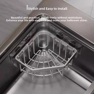 Corner stainless steel rack with four adhesive hooks on grey bathroom wall