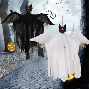 Hanging Halloween bat ghost decorations with glowing skull heads for spooky party decor