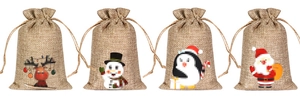 Set of four Christmas hessian drawstring gift bags with Santa, reindeer, penguin and snowman