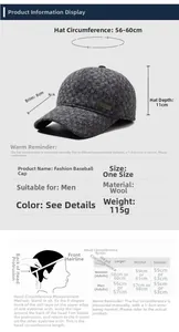 Size chart for men's winter plaid baseball cap showing dimensions and head measurements