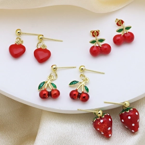 Chic gold-plated cherry and strawberry enamel hoop earrings set for women in red finish