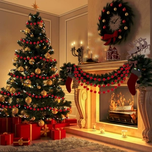 Festive 2-meter red wool felt ball garland hung on a Christmas tree and fireplace