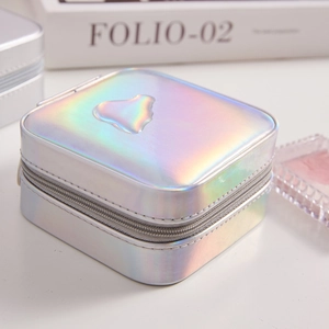 Iridescent laser jewelry box with heart pattern and silver zipper closure