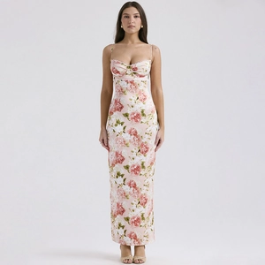 Macro view of floral print maxi dress featuring corset-style bodice with wired cups