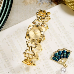Vintage gold square dial watch for women with horsebit chain strap on musical notes