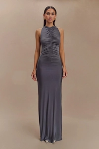 Detail of ruched design on a dark grey sleeveless bodycon maxi dress for women
