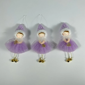 Three purple fabric Christmas angel ornaments with sequins and gold bells for decor