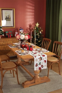 Detailed Christmas table runner and placemat set with festive holiday patterns on wood