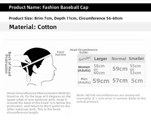 Size chart for cotton baseball cap showing 7cm brim, 11cm depth, and 56-60cm circumference