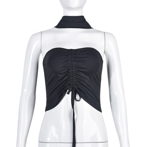 Detail of black ruched tube top with center drawstring and matching fabric choker neck strap