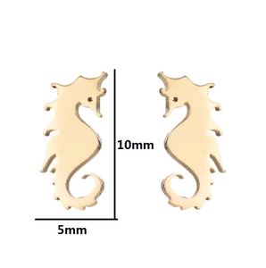 Minimalist golden stainless steel seahorse stud earrings measuring 10mm by 5mm