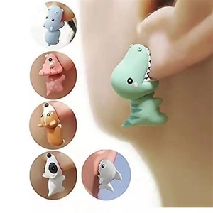 3D Cartoon Animal Stud Earrings Dinosaur Shark Corgi Biting Ear Design Resin Alloy Cute Novelty Jewelry For Women Men